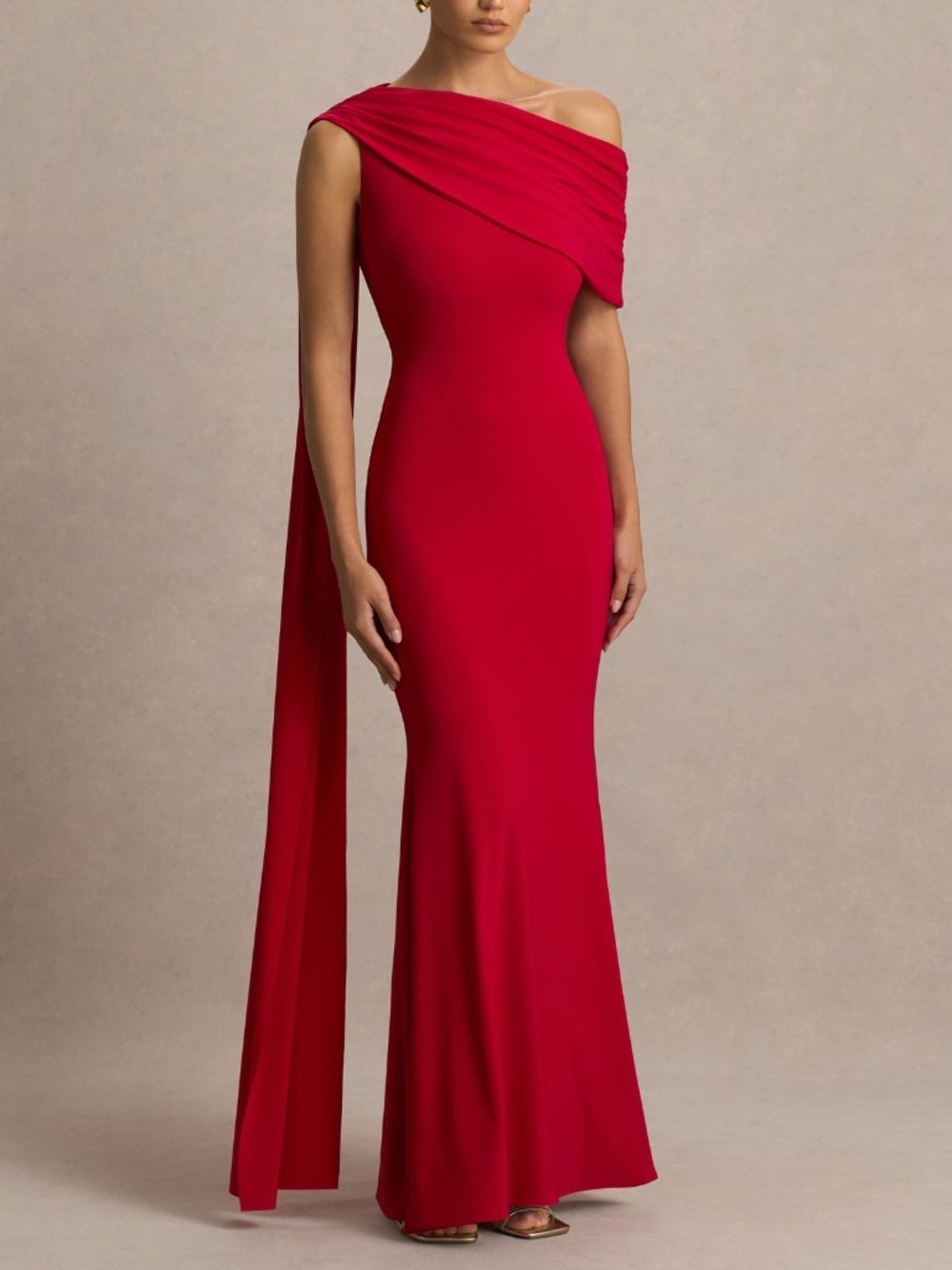 Club L London ZENDAYA Red Asymmetric-Neck Fishtail Maxi Dress With Sash